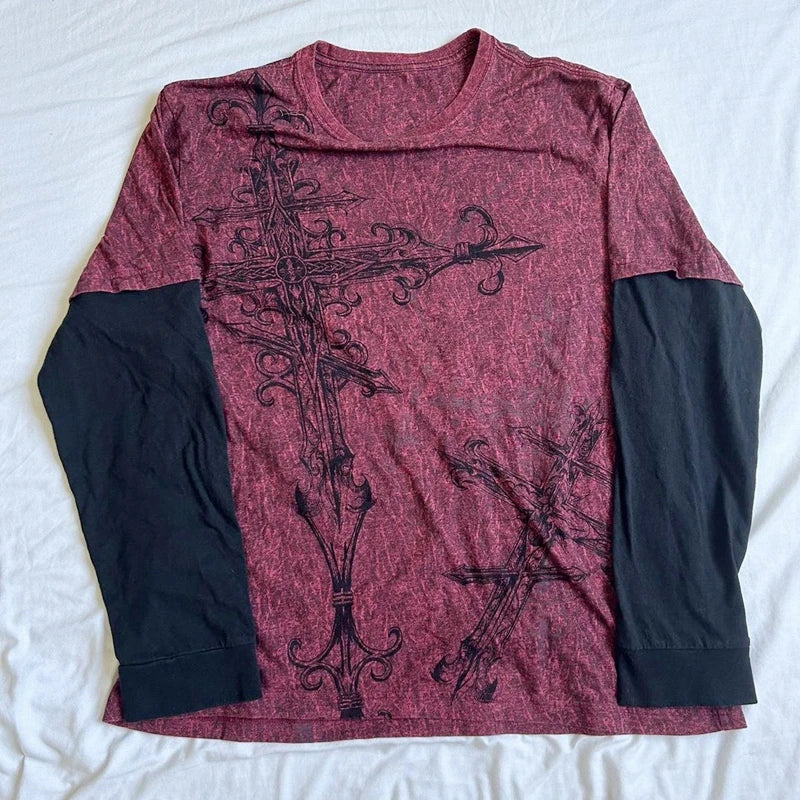 Vintage Patchwork Grunge Loose Long-Sleeve Tee