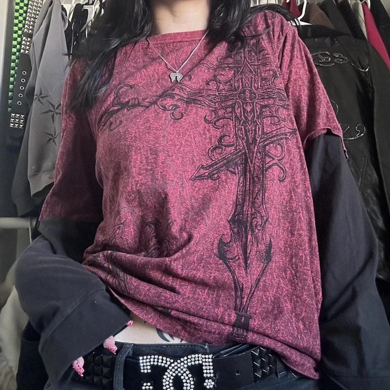 Vintage Patchwork Grunge Loose Long-Sleeve Tee