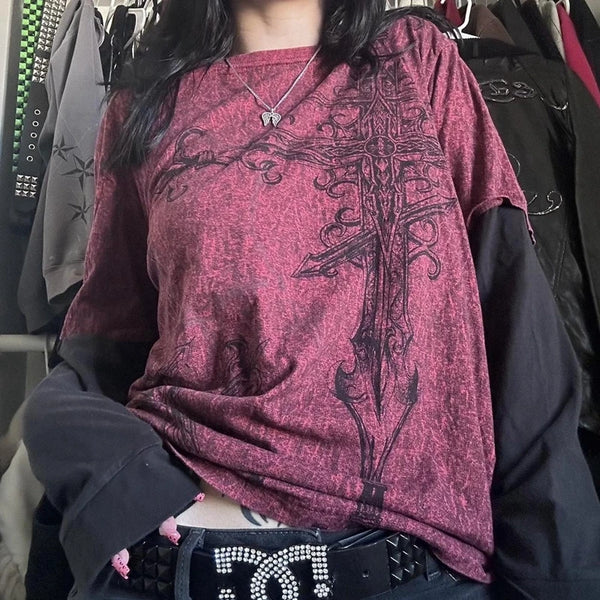 Vintage Patchwork Grunge Loose Long-Sleeve Tee